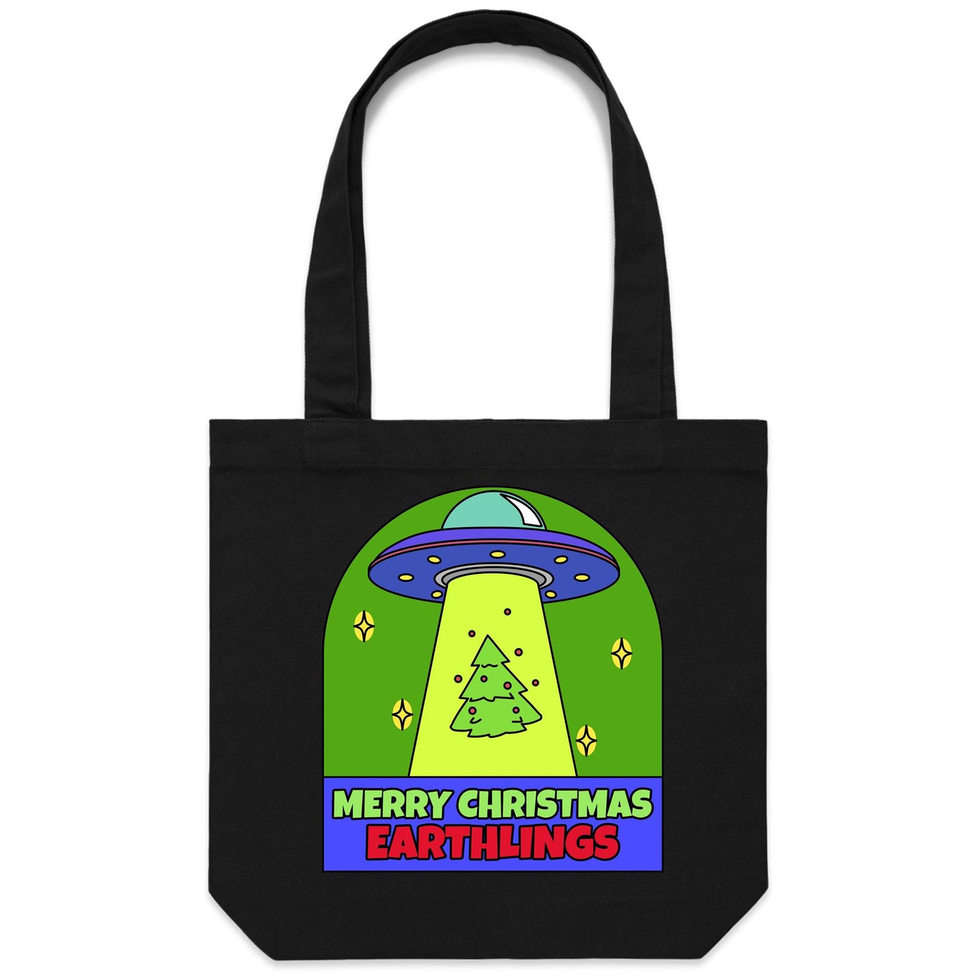 Merry Christmas Earthlings, UFO - Canvas Tote Bag Black One Size Christmas Tote Bag Merry Christmas
