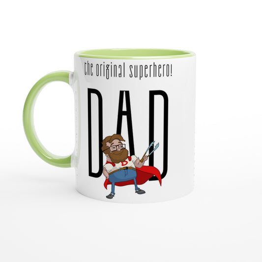 Dad, The Original Superhero - White 11oz Ceramic Mug with Colour Inside Ceramic Green Colour 11oz Mug comic Dad