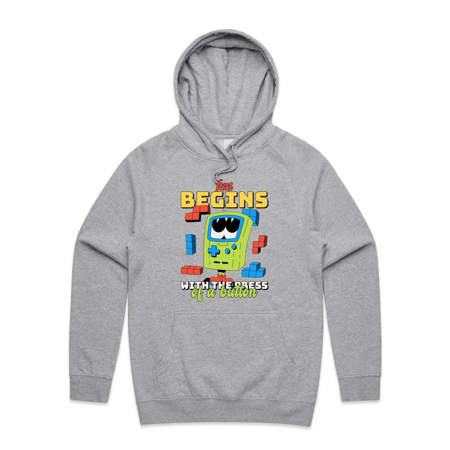 Fun Begins With The Press Of A Button - Supply Hood Grey Marle Mens Supply Hoodie Games