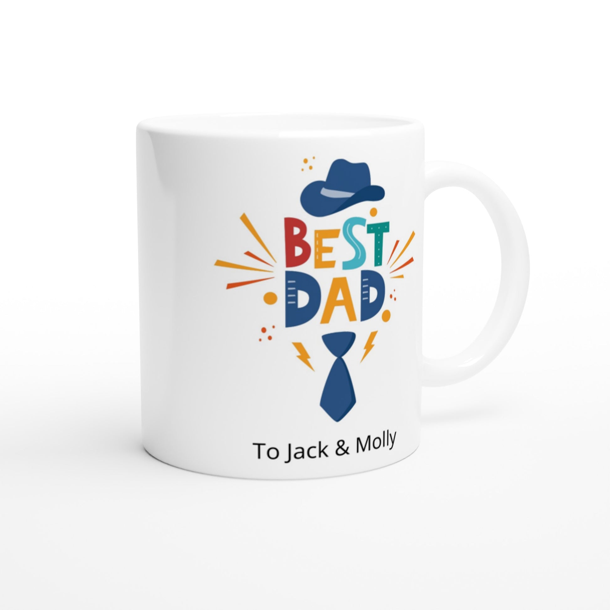 Personalise - Best Dad, Hat And Tie - White 11oz Ceramic Mug Personalised Mug customise Dad personalise