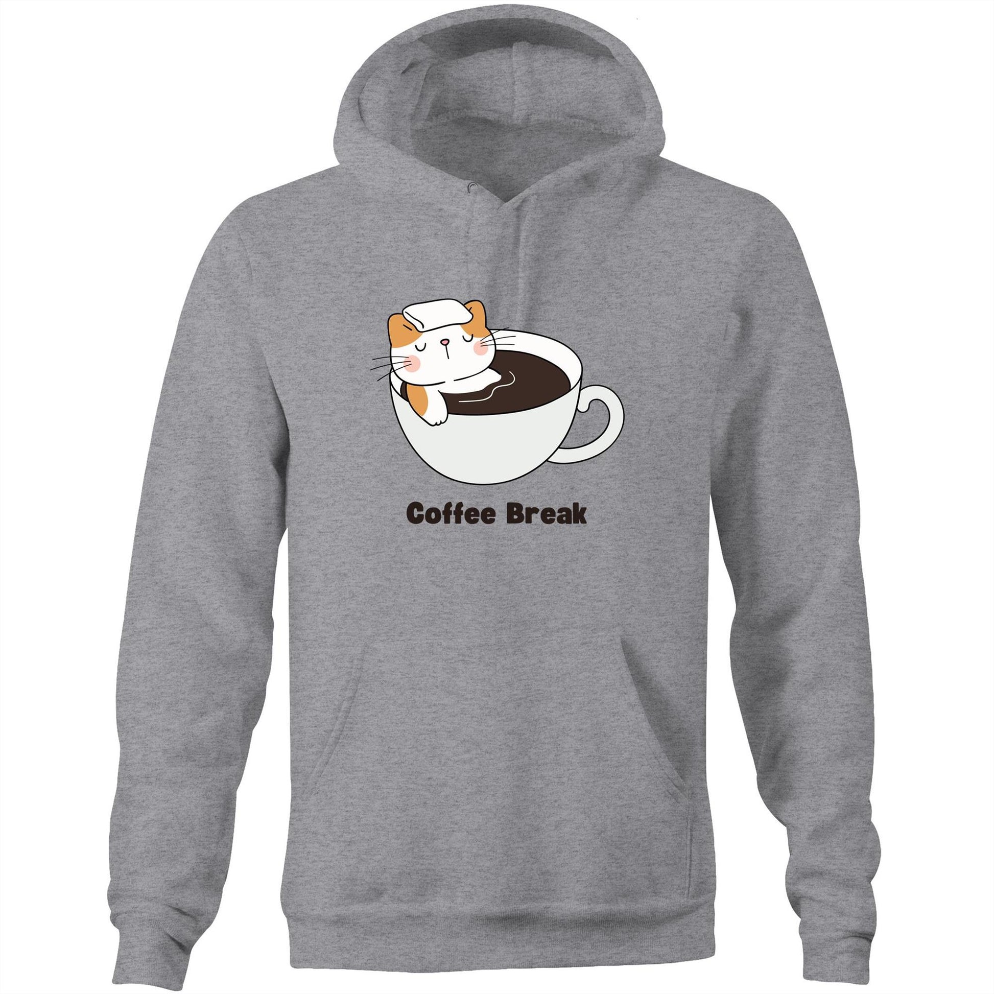 Cat Coffee Break - Pocket Hoodie Sweatshirt Grey Marle Hoodie animal Coffee