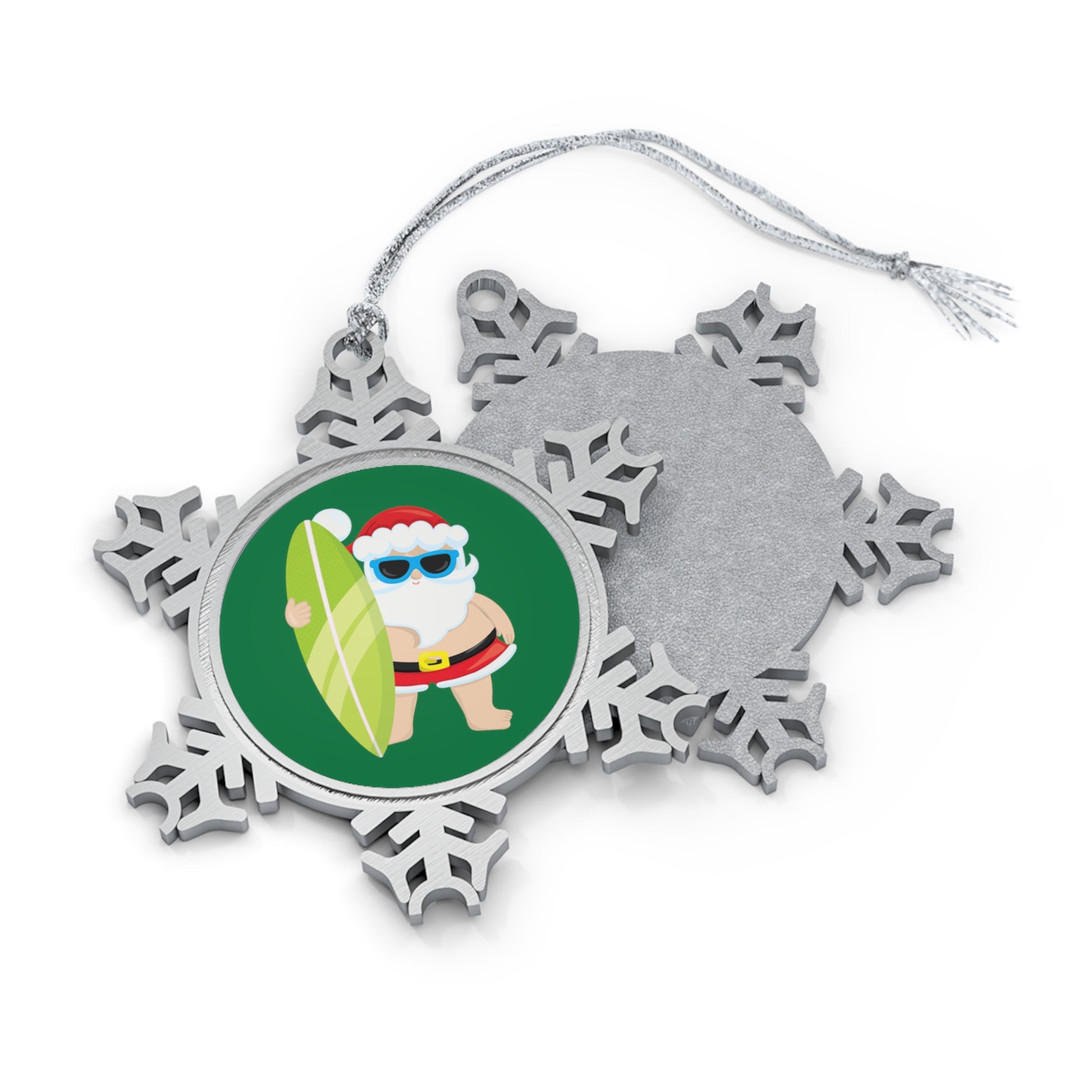 Surf Santa - Pewter Snowflake Ornament Christmas Ornament
