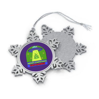 Merry Christmas Earthlings, UFO - Pewter Snowflake Ornament Christmas Ornament