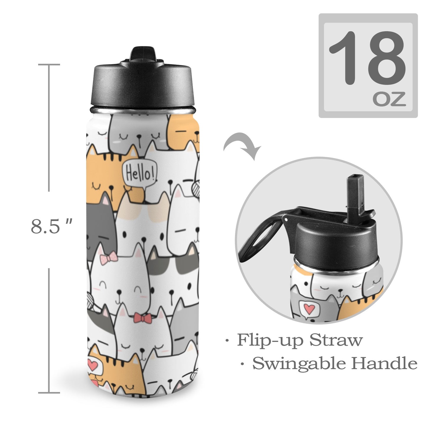 Cat Hello - Insulated Water Bottle with Straw Lid (18oz) Insulated Water Bottle with Swing Handle
