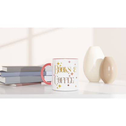 Books And Coffee - White 11oz Ceramic Mug with Colour Inside Colour 11oz Mug Coffee Reading