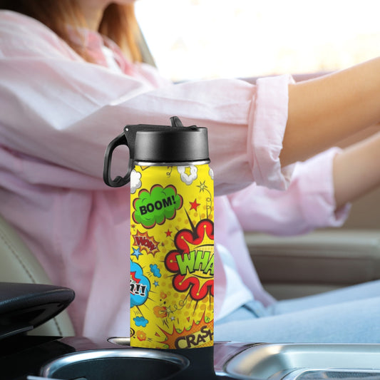 Comic Book Yellow - Insulated Water Bottle with Straw Lid (18oz) Insulated Water Bottle with Swing Handle