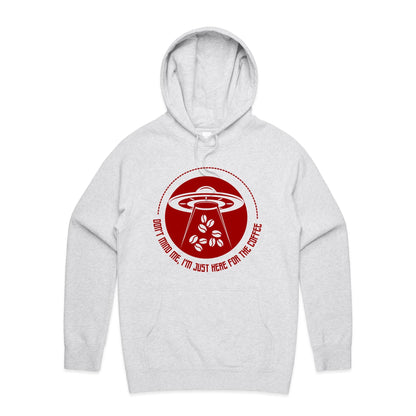 Don't Mind Me, I'm Just Here For The Coffee, Alien UFO - Supply Hood White Marle Mens Supply Hoodie Coffee Sci Fi