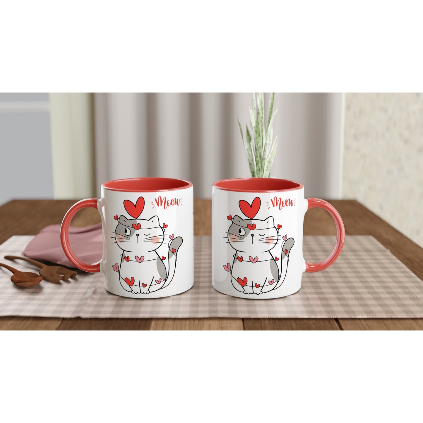 Cat Heart Meow - White 11oz Ceramic Mug with Color Inside Colour 11oz Mug animal Love