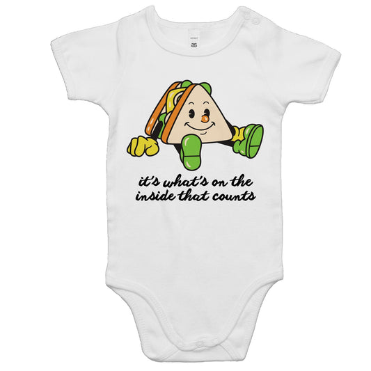 Sandwich, It's What's On The Inside That Counts - Baby Bodysuit White Baby Bodysuit Food Motivation