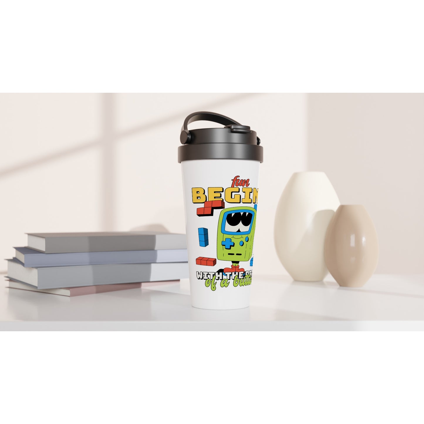 Fun Begins With The Press Of A Button - White 15oz Stainless Steel Travel Mug Travel Mug Games