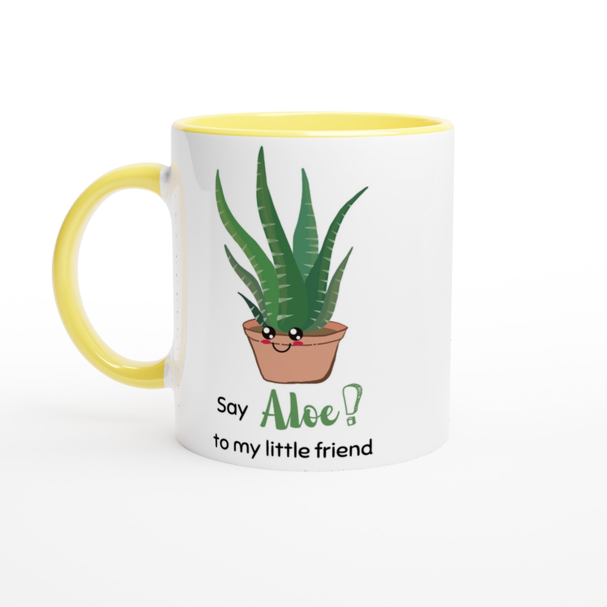 Say Aloe To My Little Friend - White 11oz Ceramic Mug with Colour Inside Ceramic Yellow Colour 11oz Mug Plants