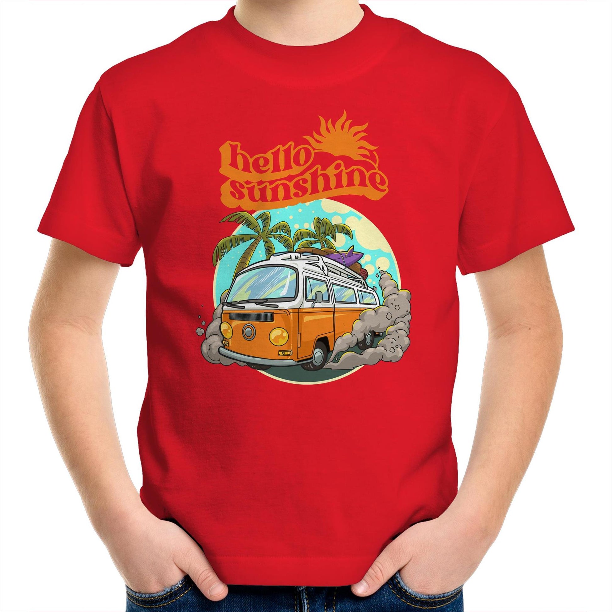 Hello Sunshine, Beach Van - Kids Youth T-Shirt Red Kids Youth T-shirt Summer Surf