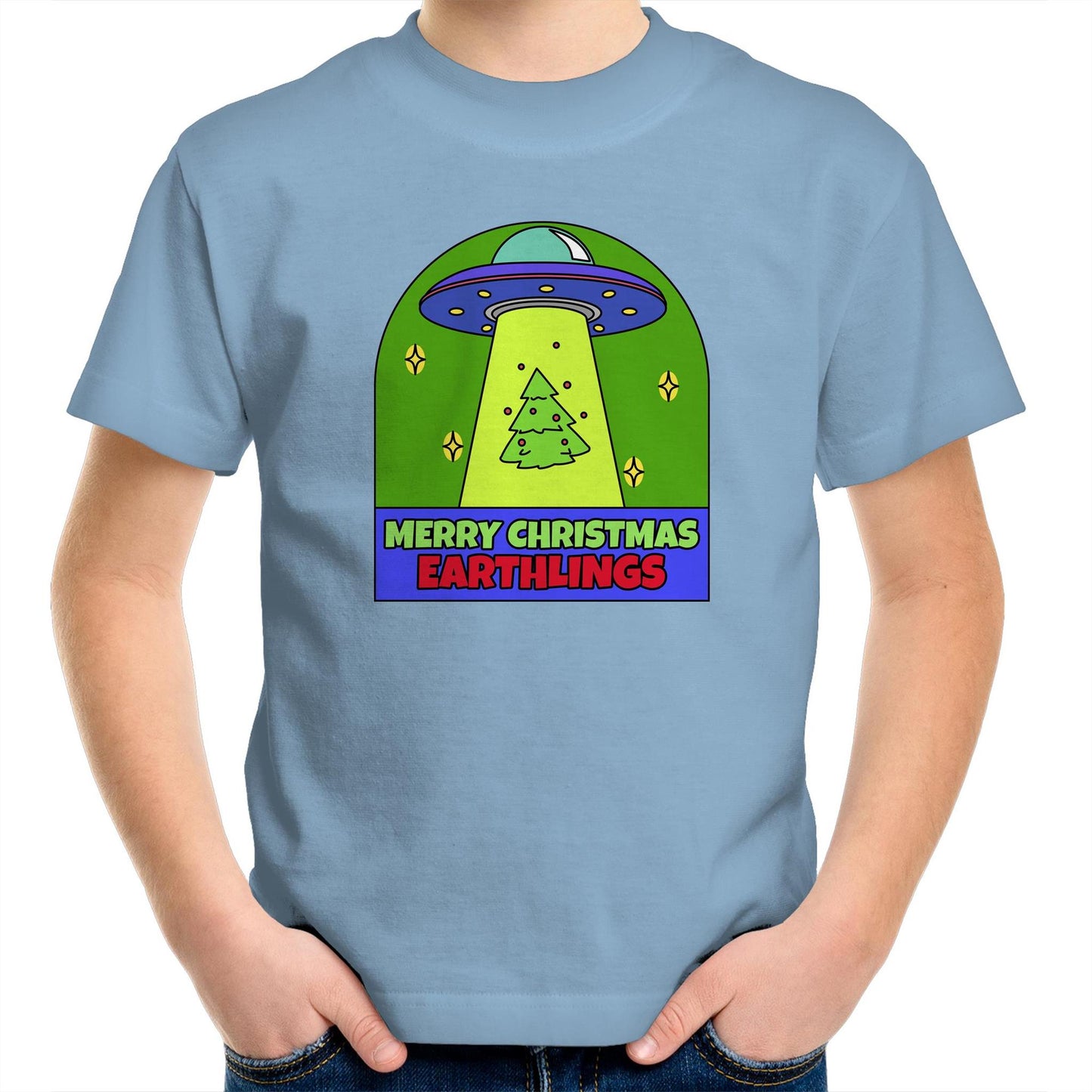 Merry Christmas Earthlings, UFO - Kids Youth T-Shirt Carolina Blue Christmas Kids T-shirt Merry Christmas