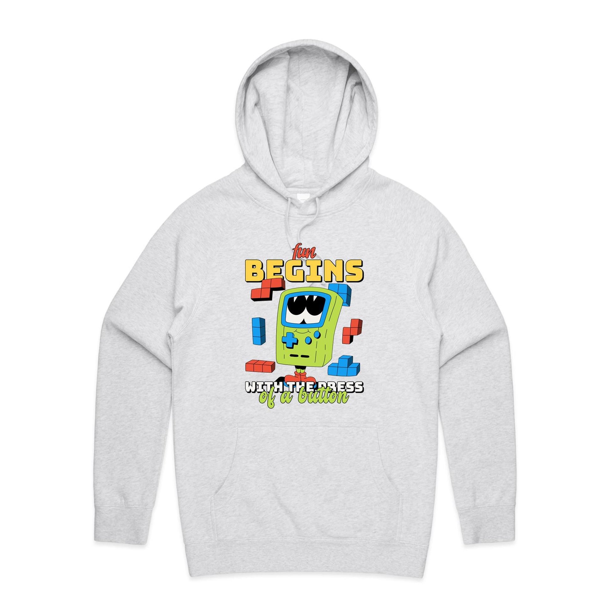 Fun Begins With The Press Of A Button - Supply Hood White Marle Mens Supply Hoodie Games