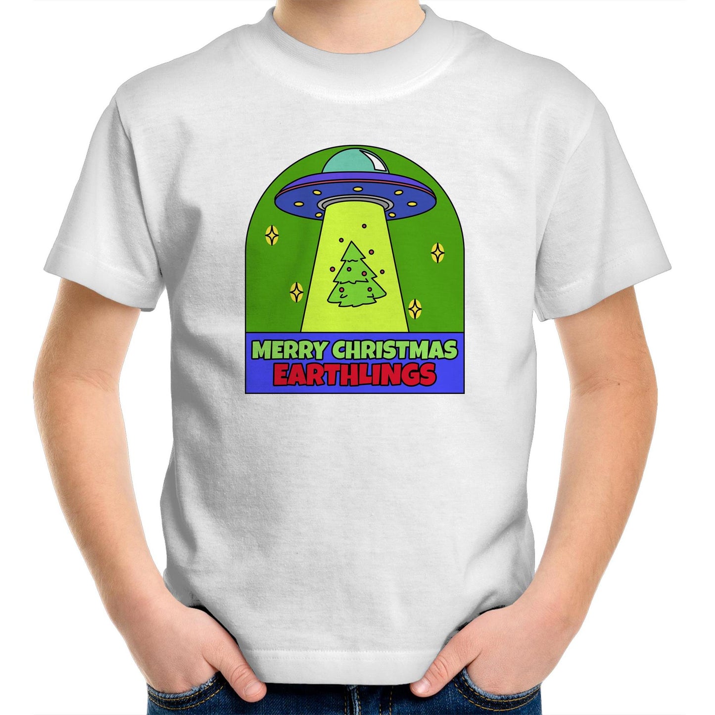 Merry Christmas Earthlings, UFO - Kids Youth T-Shirt White Christmas Kids T-shirt Merry Christmas