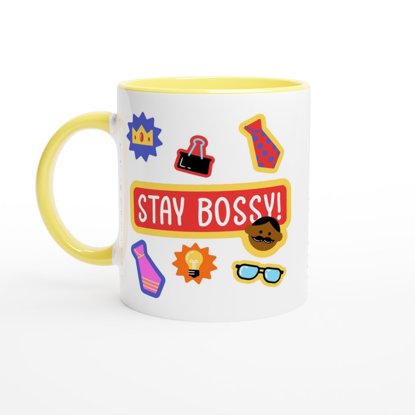 Stay Bossy, Boss Mug - White 11oz Ceramic Mug with Colour Inside Ceramic Yellow Colour 11oz Mug Funny