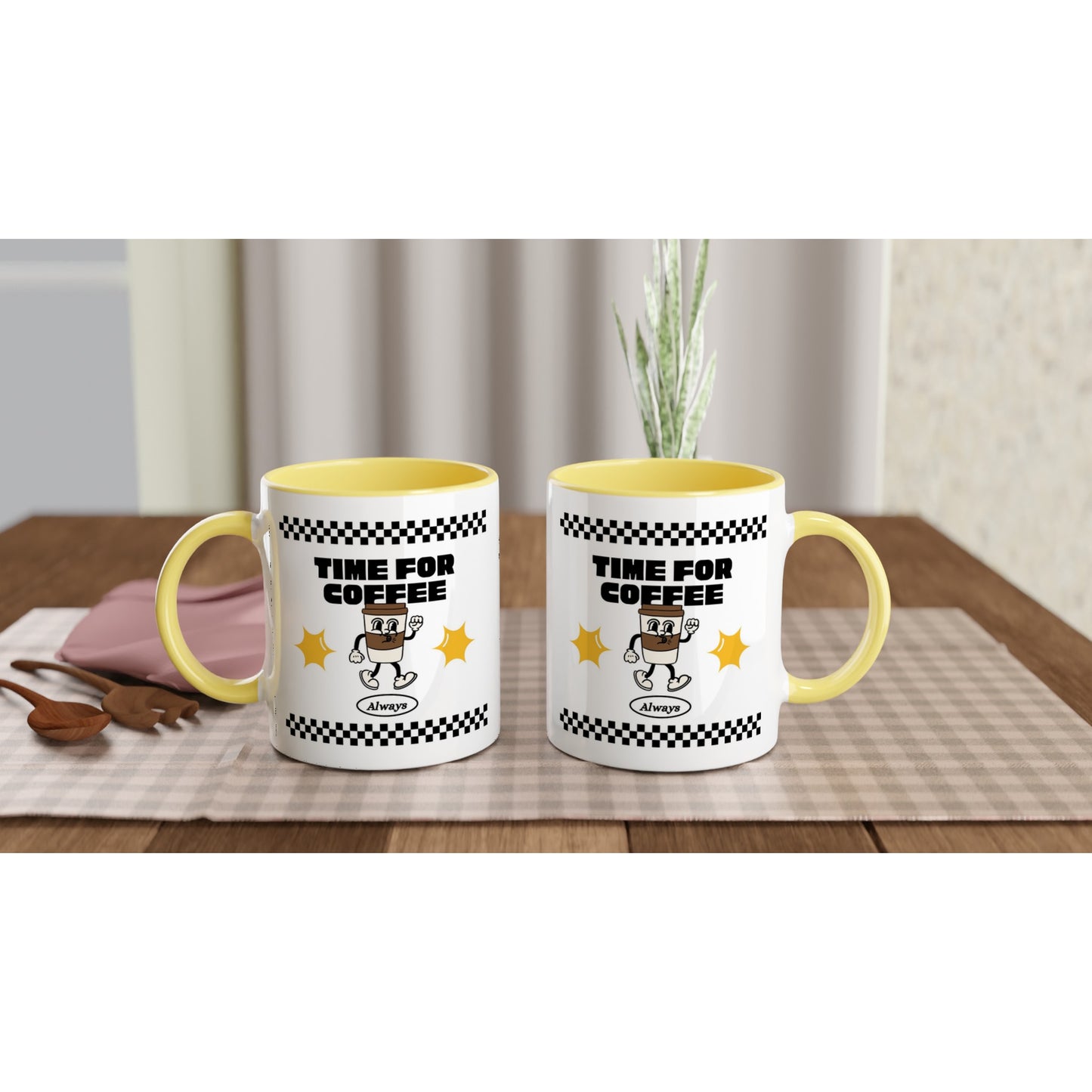 Time For Coffee, Always - White 11oz Ceramic Mug with Colour Inside Colour 11oz Mug coffee retro
