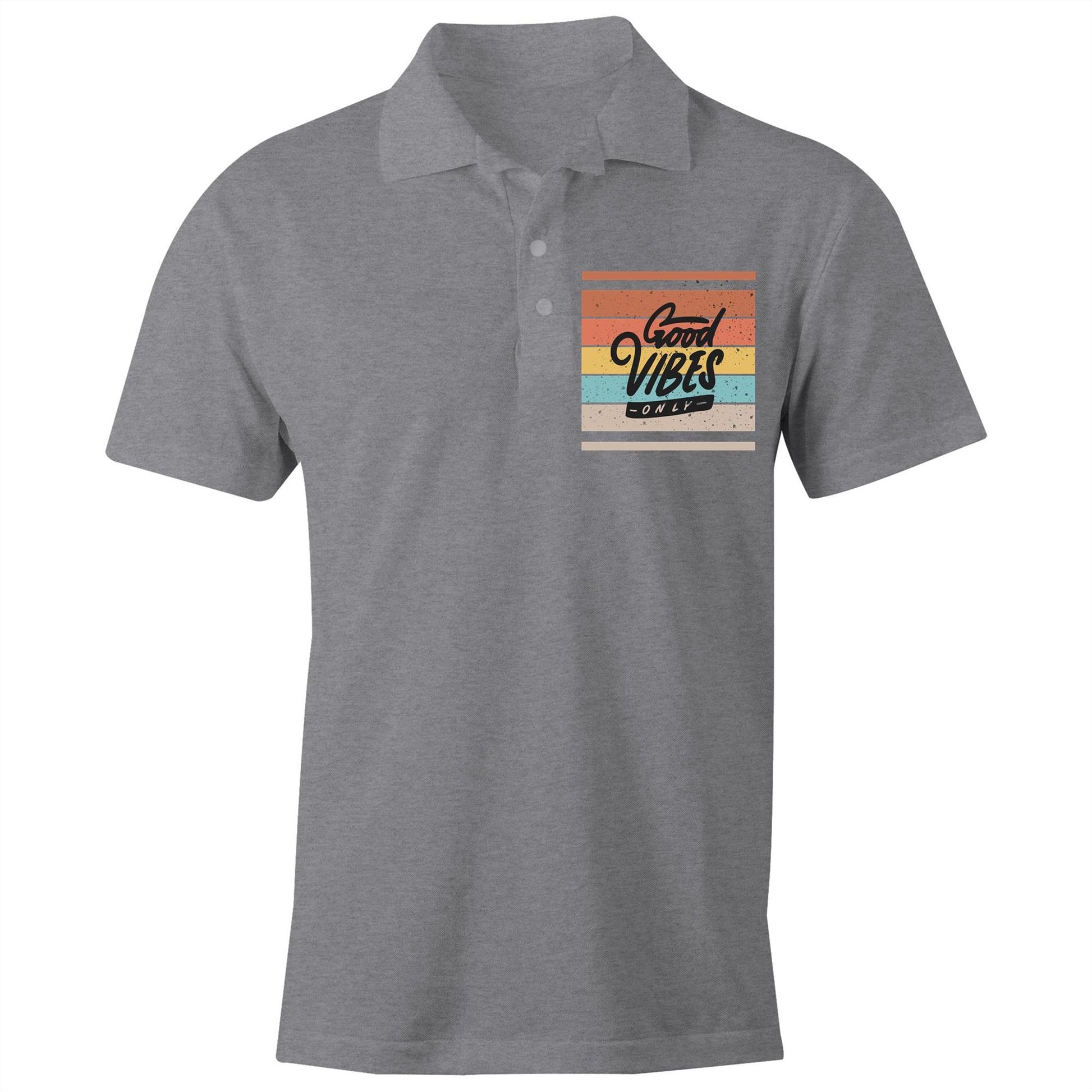 Good Vibes Only - Chad S/S Polo Shirt, Printed Grey Marle Polo Shirt Motivation Retro