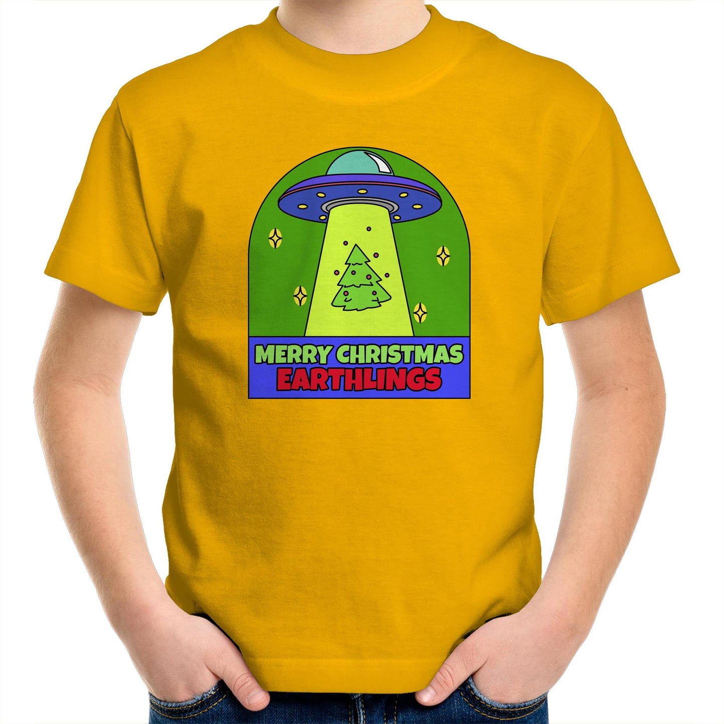 Merry Christmas Earthlings, UFO - Kids Youth T-Shirt Gold Christmas Kids T-shirt Merry Christmas