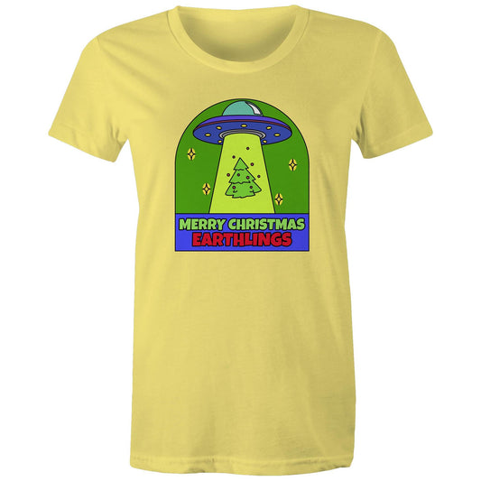Merry Christmas Earthlings, UFO - Womens T-shirt Yellow Christmas Womens T-shirt Merry Christmas
