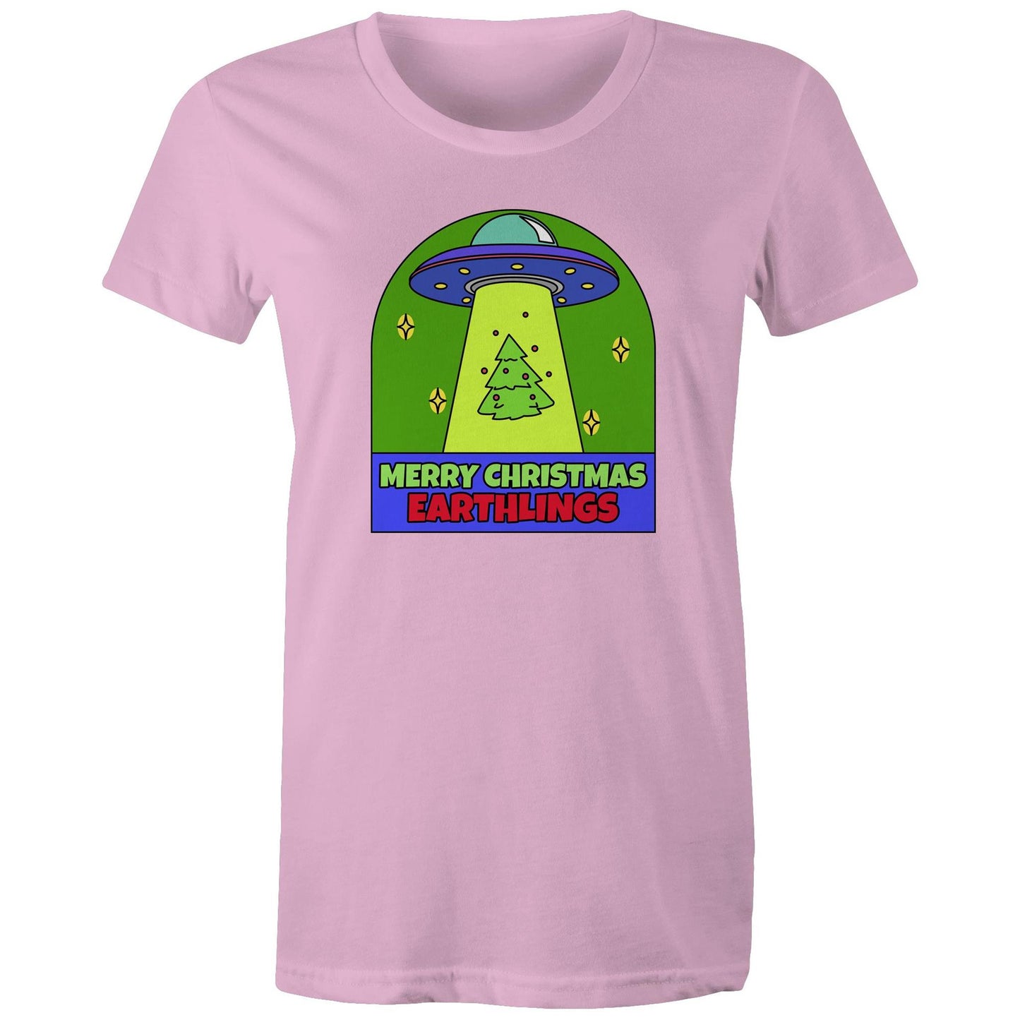Merry Christmas Earthlings, UFO - Womens T-shirt Pink Christmas Womens T-shirt Merry Christmas
