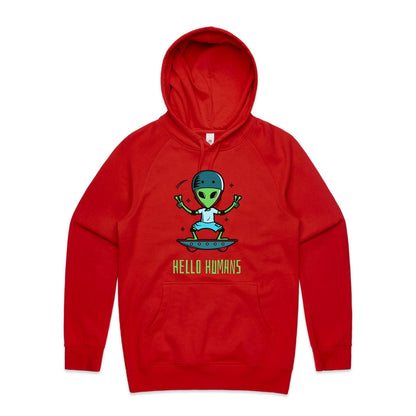 Alien Skateboard, Hello Humans - Supply Hood Red Mens Supply Hoodie Sci Fi