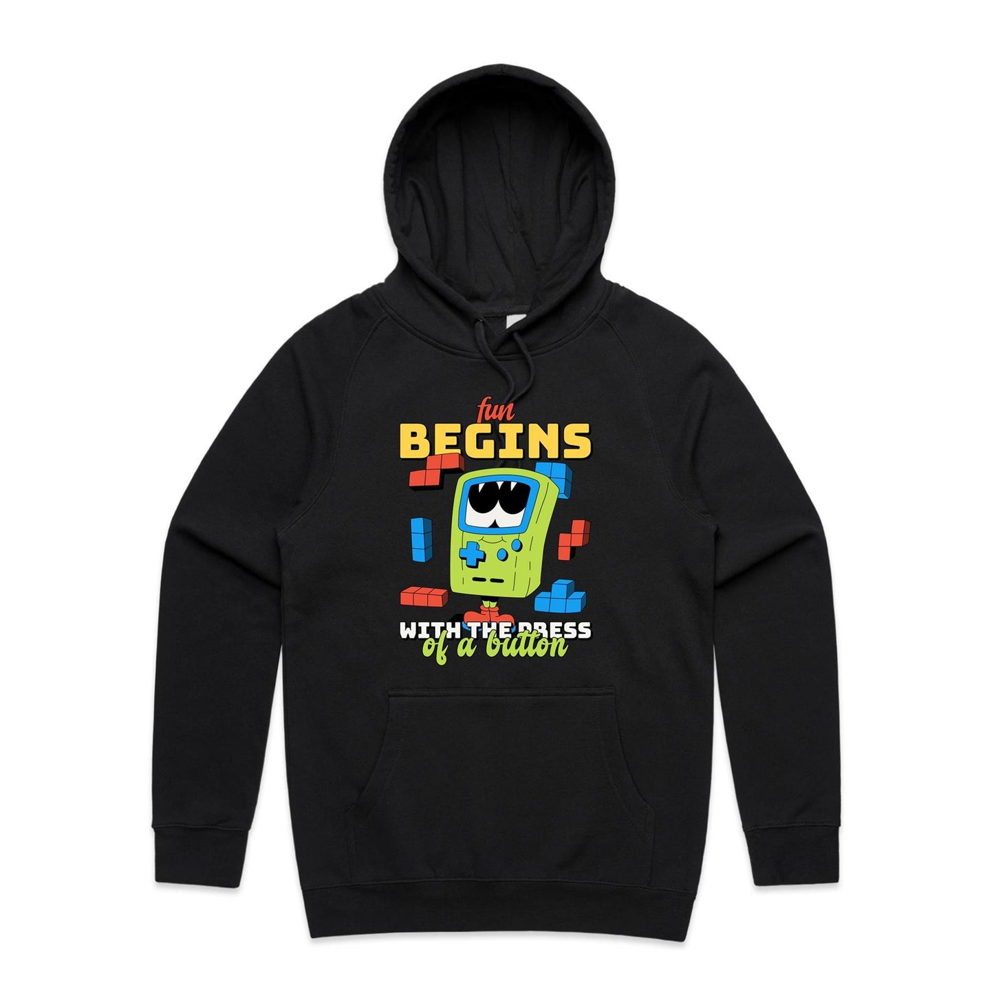 Fun Begins With The Press Of A Button - Supply Hood Black Mens Supply Hoodie Games