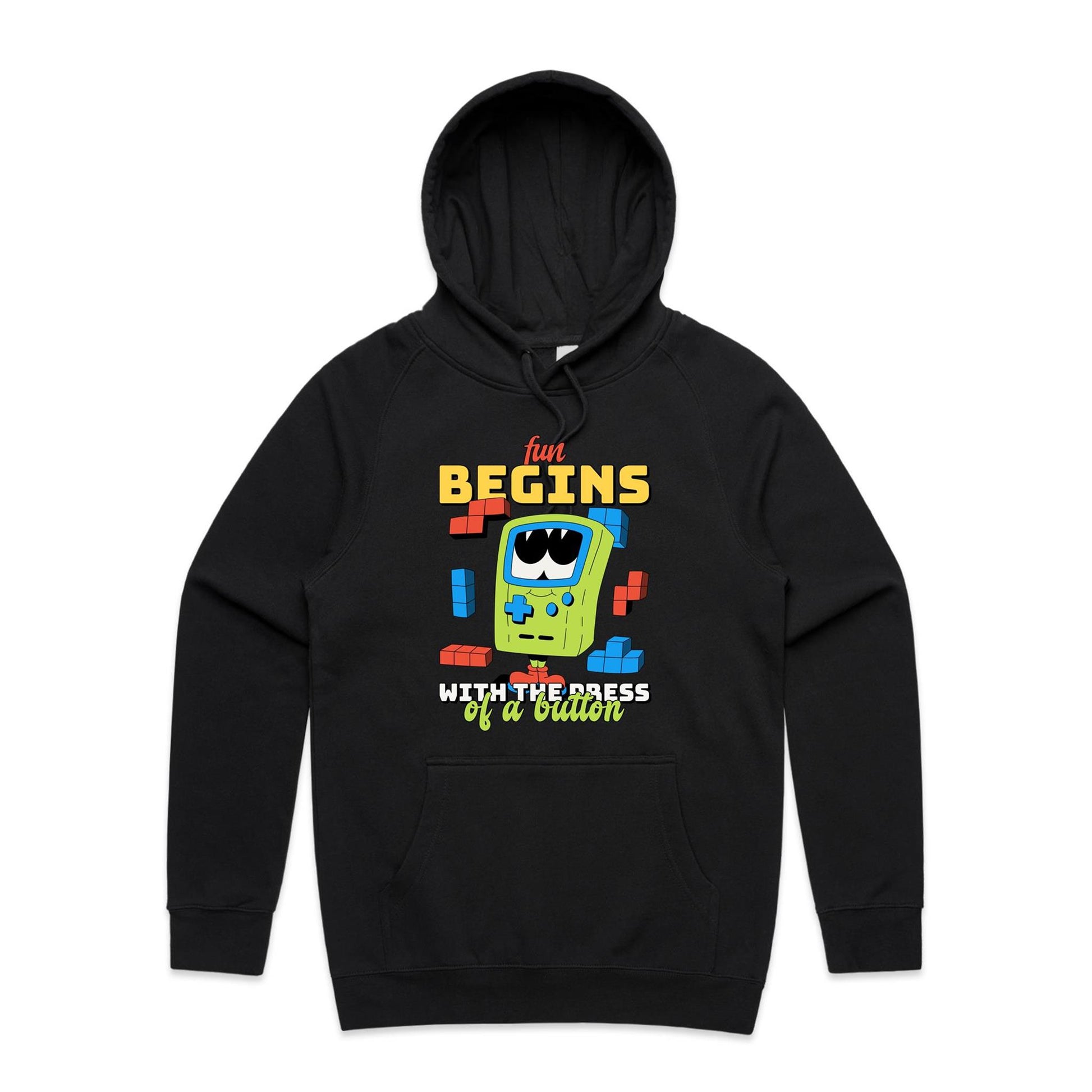 Fun Begins With The Press Of A Button - Supply Hood Black Mens Supply Hoodie Games