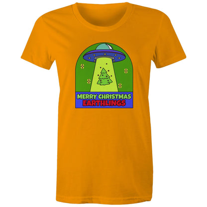Merry Christmas Earthlings, UFO - Womens T-shirt Orange Christmas Womens T-shirt Merry Christmas