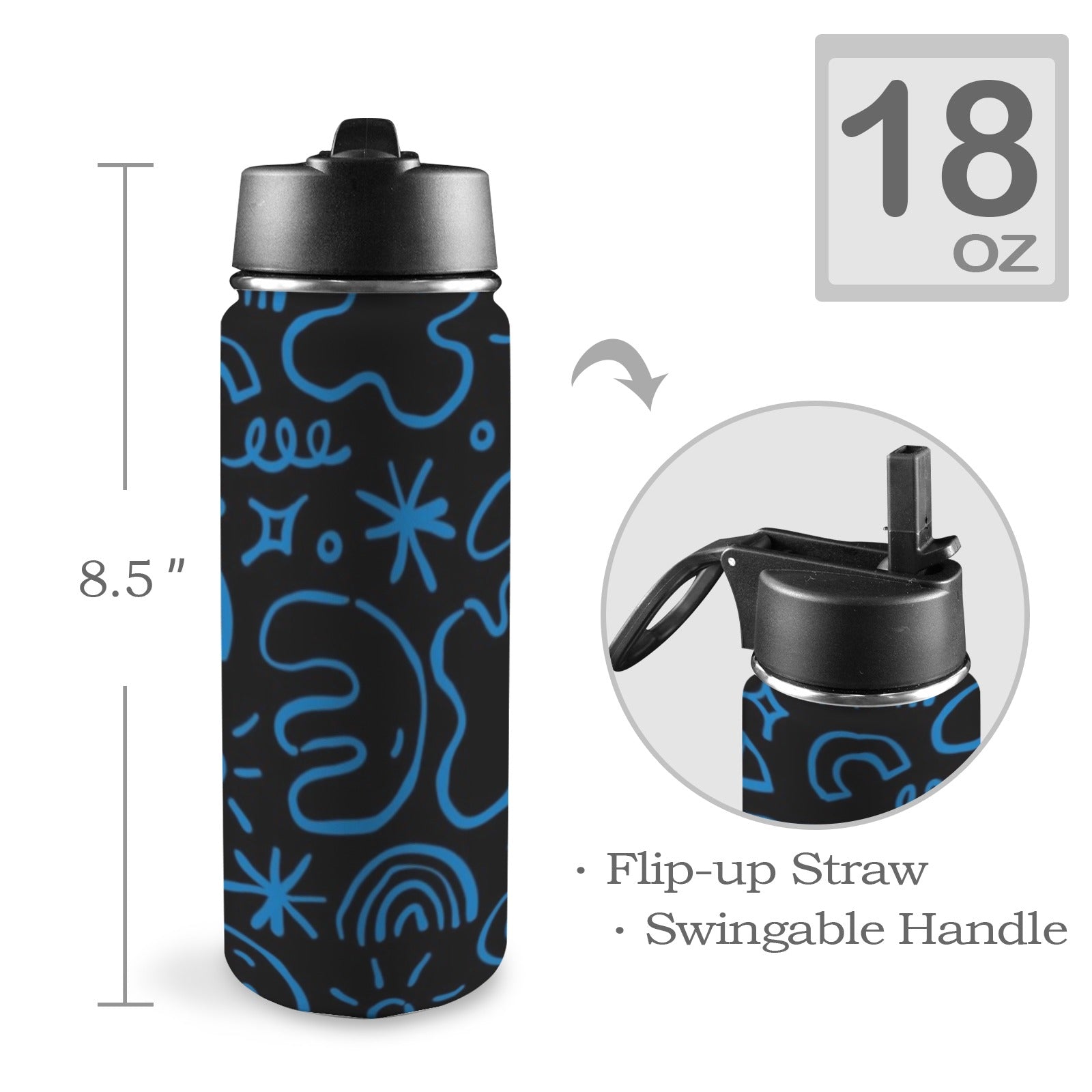 Blue Squiggle - Insulated Water Bottle with Straw Lid (18oz) Insulated Water Bottle with Swing Handle