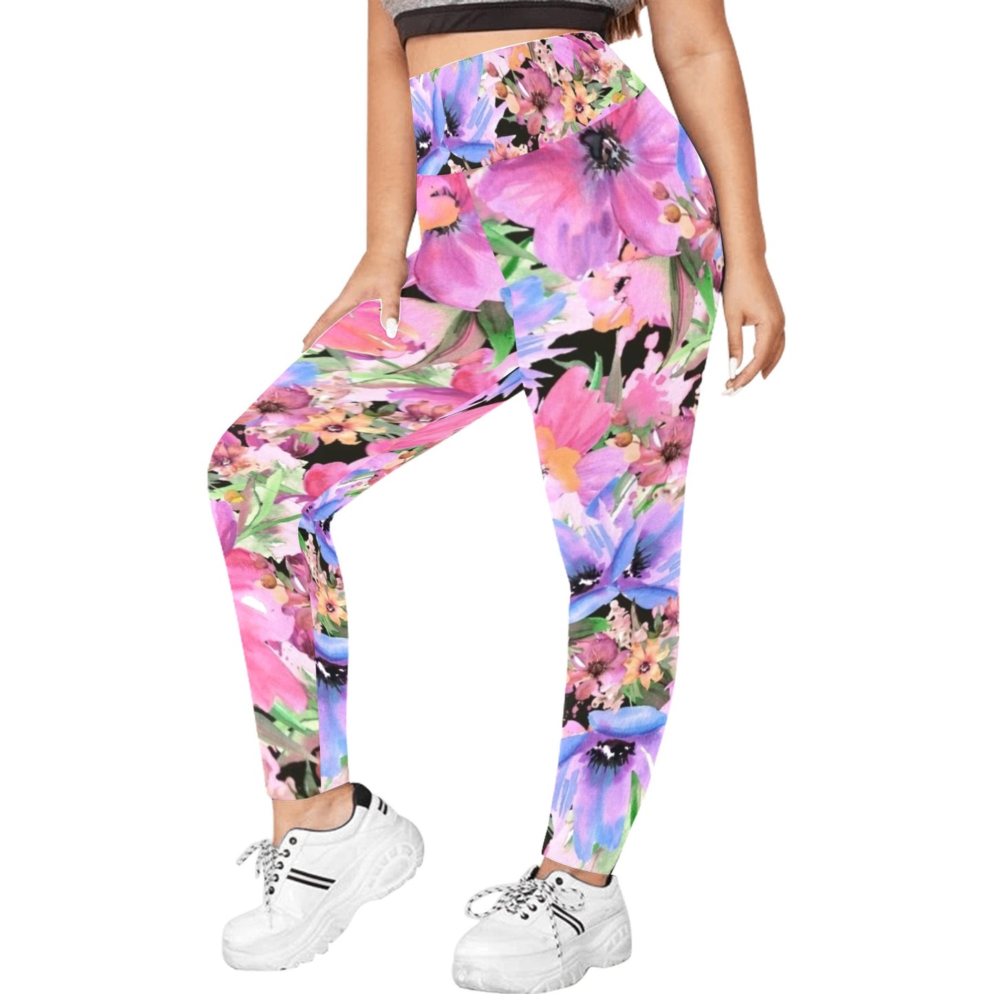 Bright Pink Floral - Women's Plus Size High Waist Leggings Women's Plus Size High Waist Leggings
