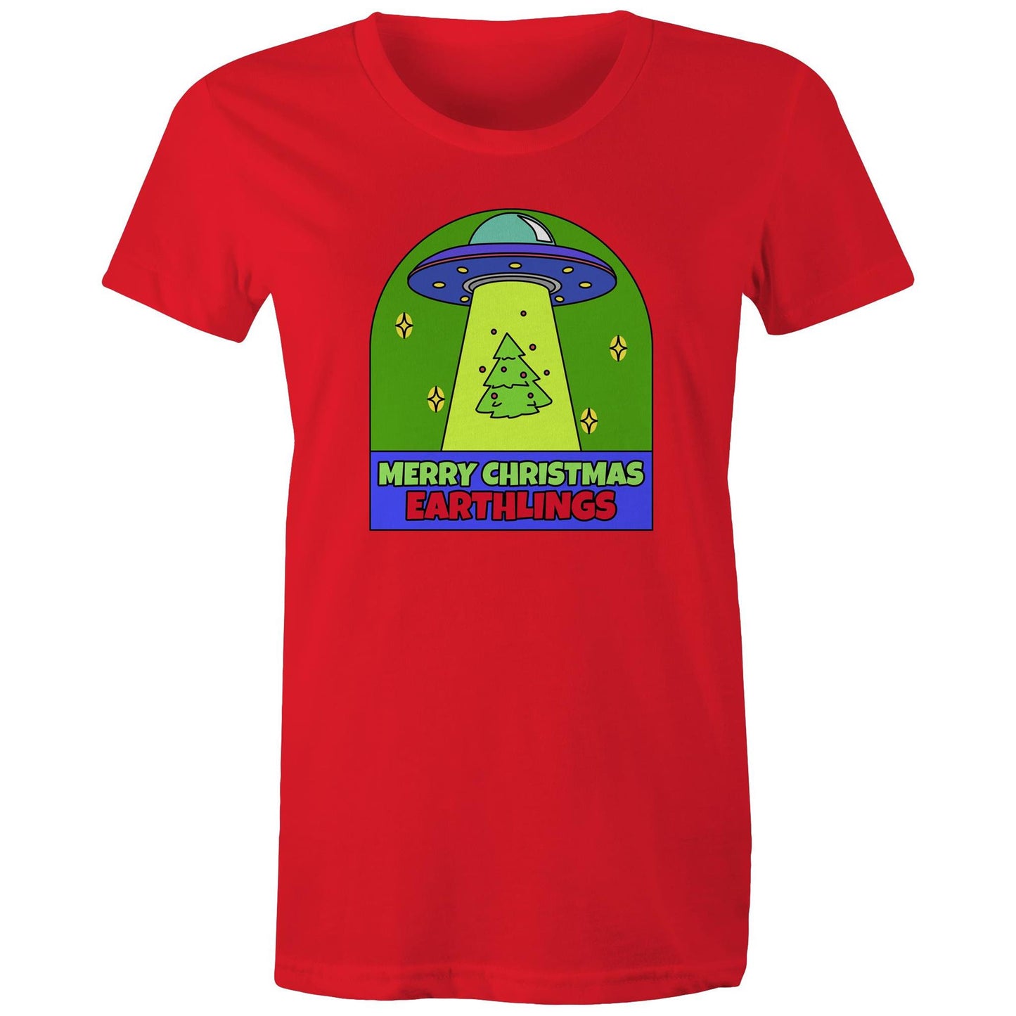 Merry Christmas Earthlings, UFO - Womens T-shirt Red Christmas Womens T-shirt Merry Christmas