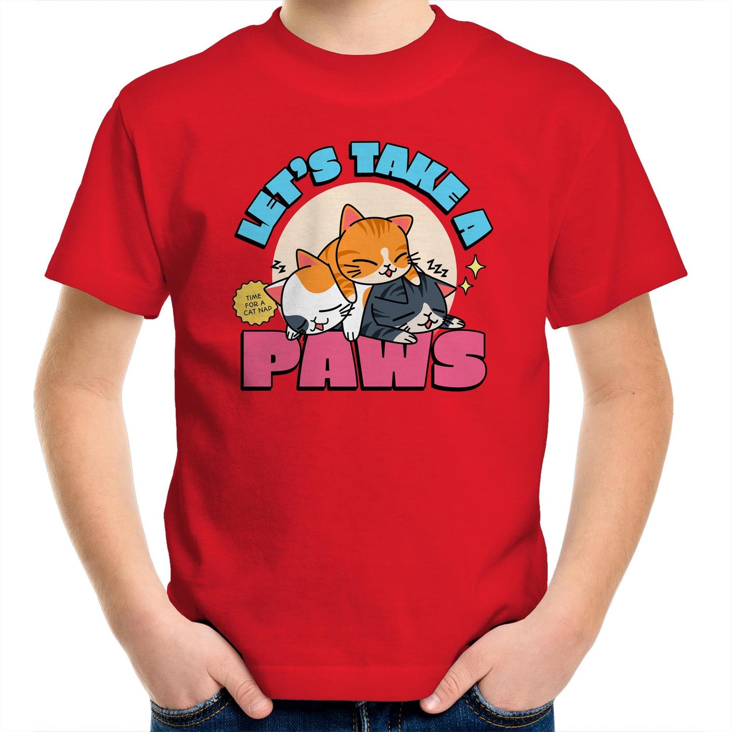 Let's Take A Pause, Time For A Cat Nap - Kids Youth T-Shirt Red Kids Youth T-shirt animal
