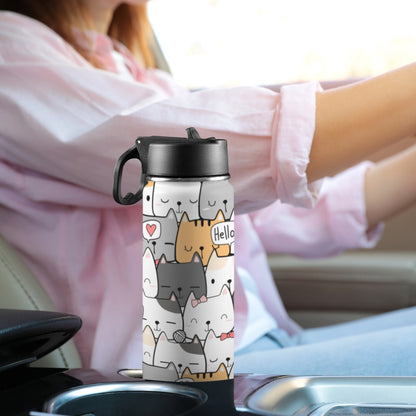 Cat Hello - Insulated Water Bottle with Straw Lid (18oz) Insulated Water Bottle with Swing Handle
