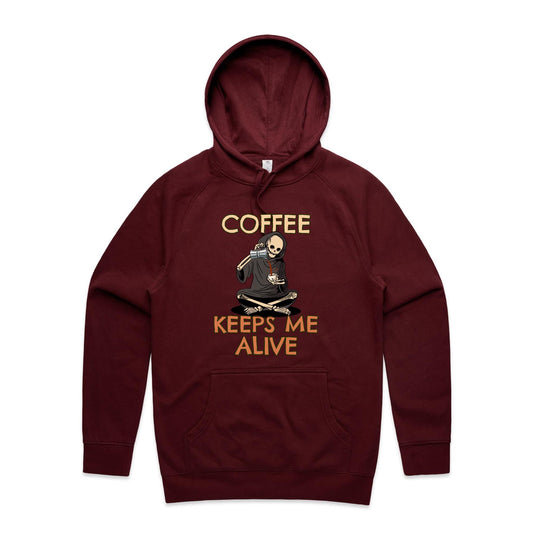 Skeleton, Coffee Keeps Me Alive - Supply Hood Burgundy Mens Supply Hoodie Coffee