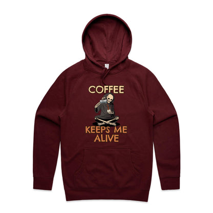 Skeleton, Coffee Keeps Me Alive - Supply Hood Burgundy Mens Supply Hoodie Coffee