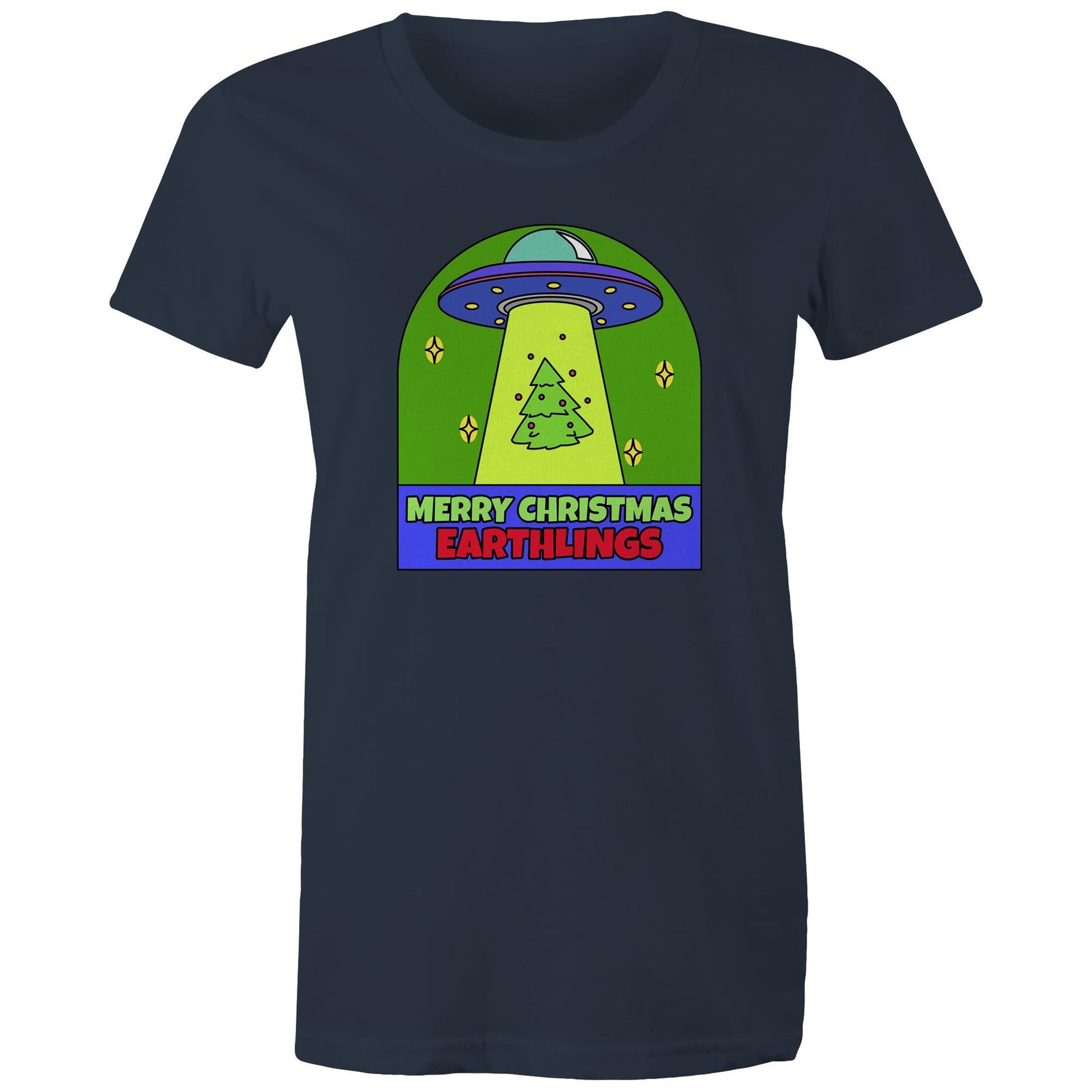 Merry Christmas Earthlings, UFO - Womens T-shirt Navy Christmas Womens T-shirt Merry Christmas
