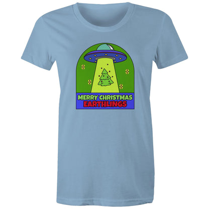 Merry Christmas Earthlings, UFO - Womens T-shirt Carolina Blue Christmas Womens T-shirt Merry Christmas