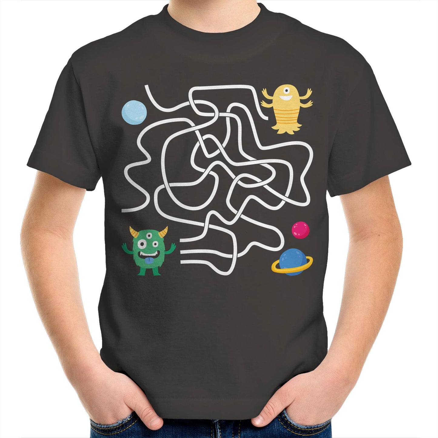 Find The Right Path, Space Alien - Kids Youth T-Shirt Charcoal Kids Youth T-shirt Sci Fi Space