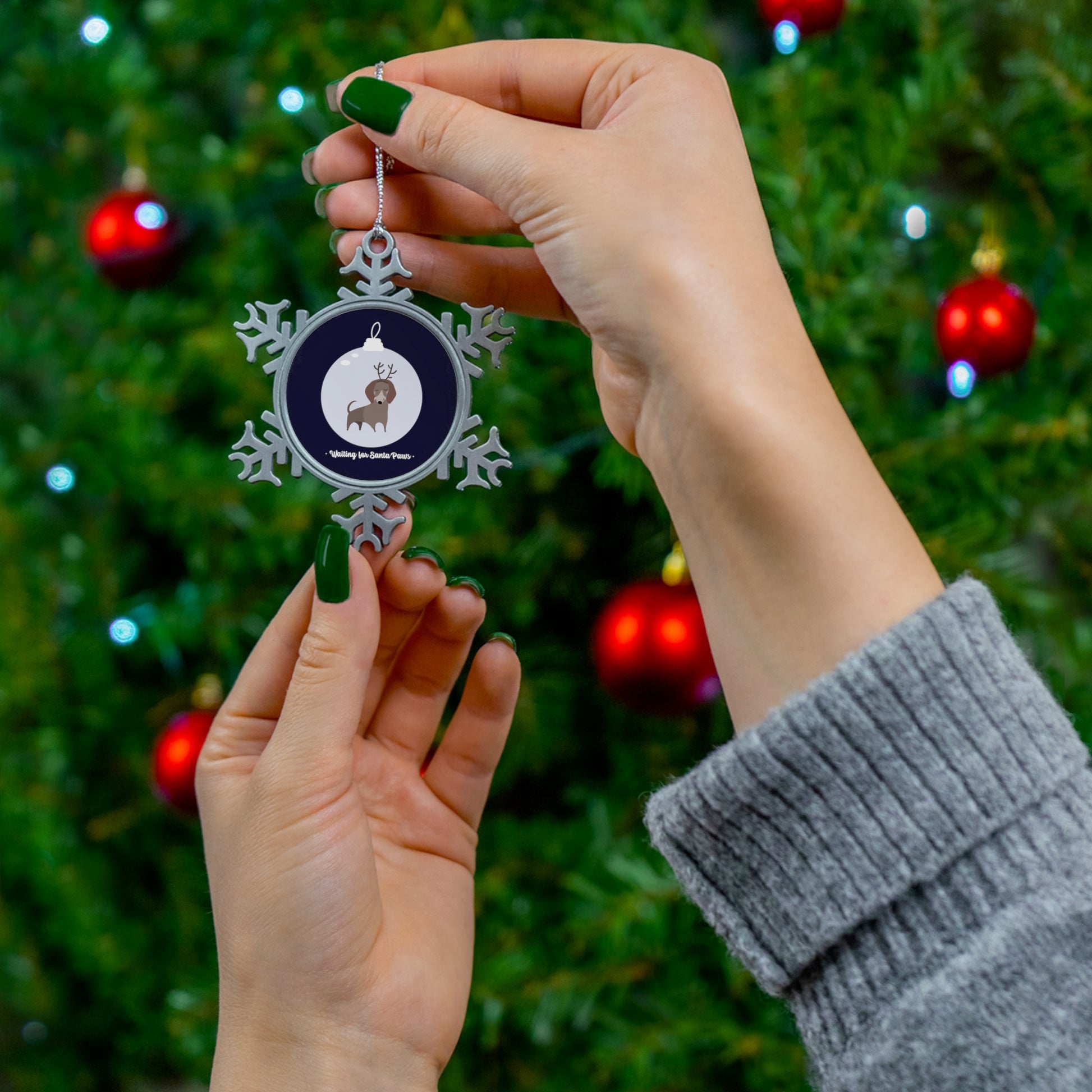 Waiting For Santa Paws - Pewter Snowflake Ornament Christmas Ornament
