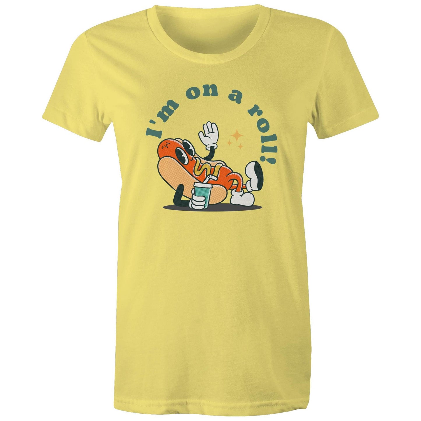 Hot Dog, I'm On A Roll - Womens T-shirt Yellow Womens T-shirt Food
