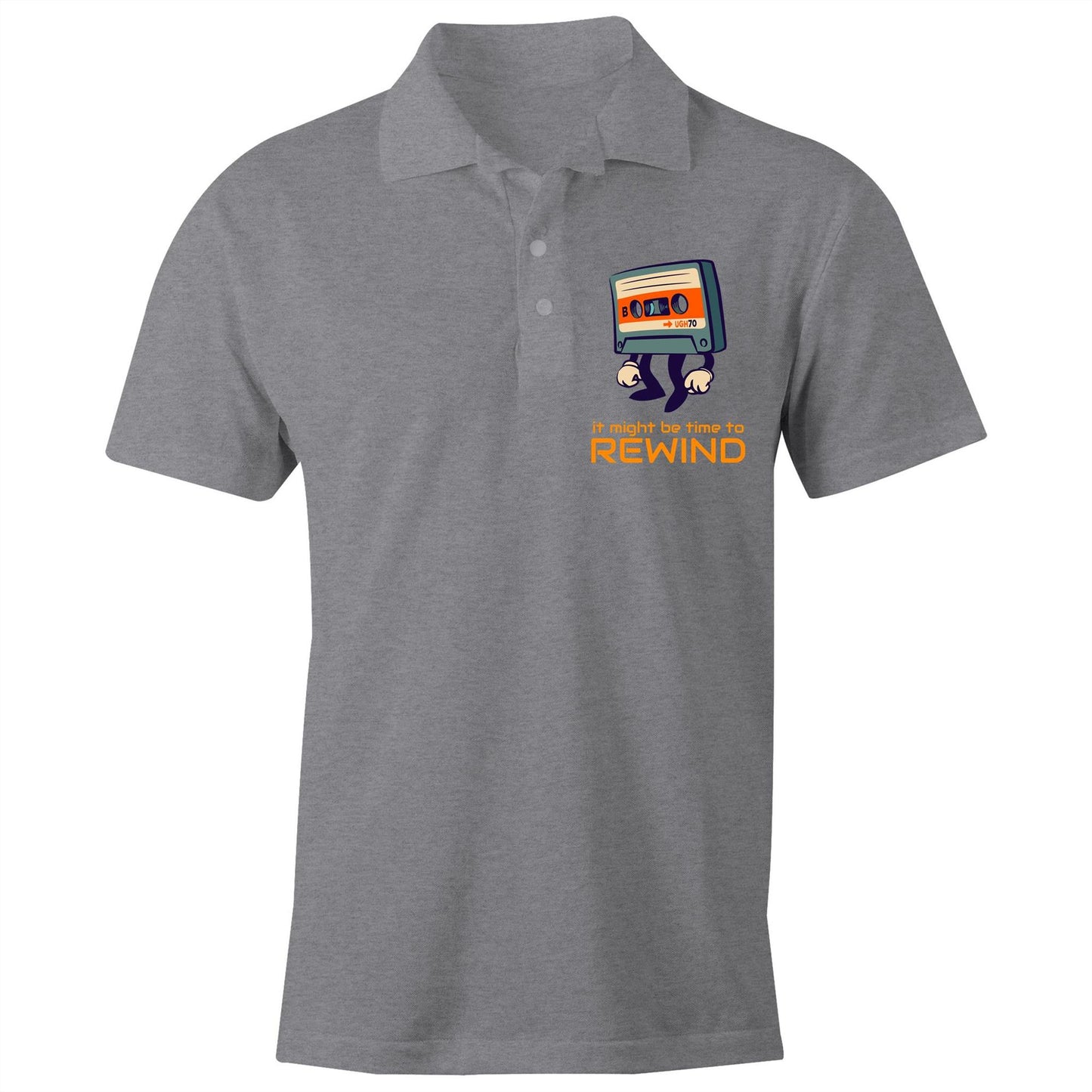 Cassette Tape, It Might Be Time To Rewind - Chad S/S Polo Shirt, Printed Grey Marle Polo Shirt Music Retro