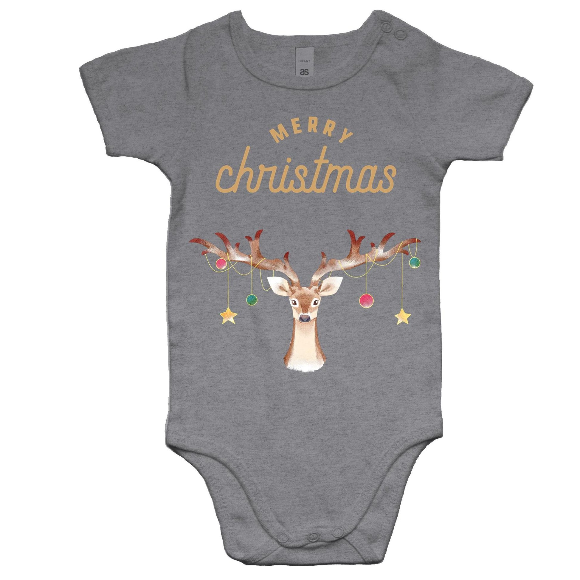 Merry Christmas Reindeer - Baby Bodysuit Grey Marle Christmas Baby Bodysuit Merry Christmas