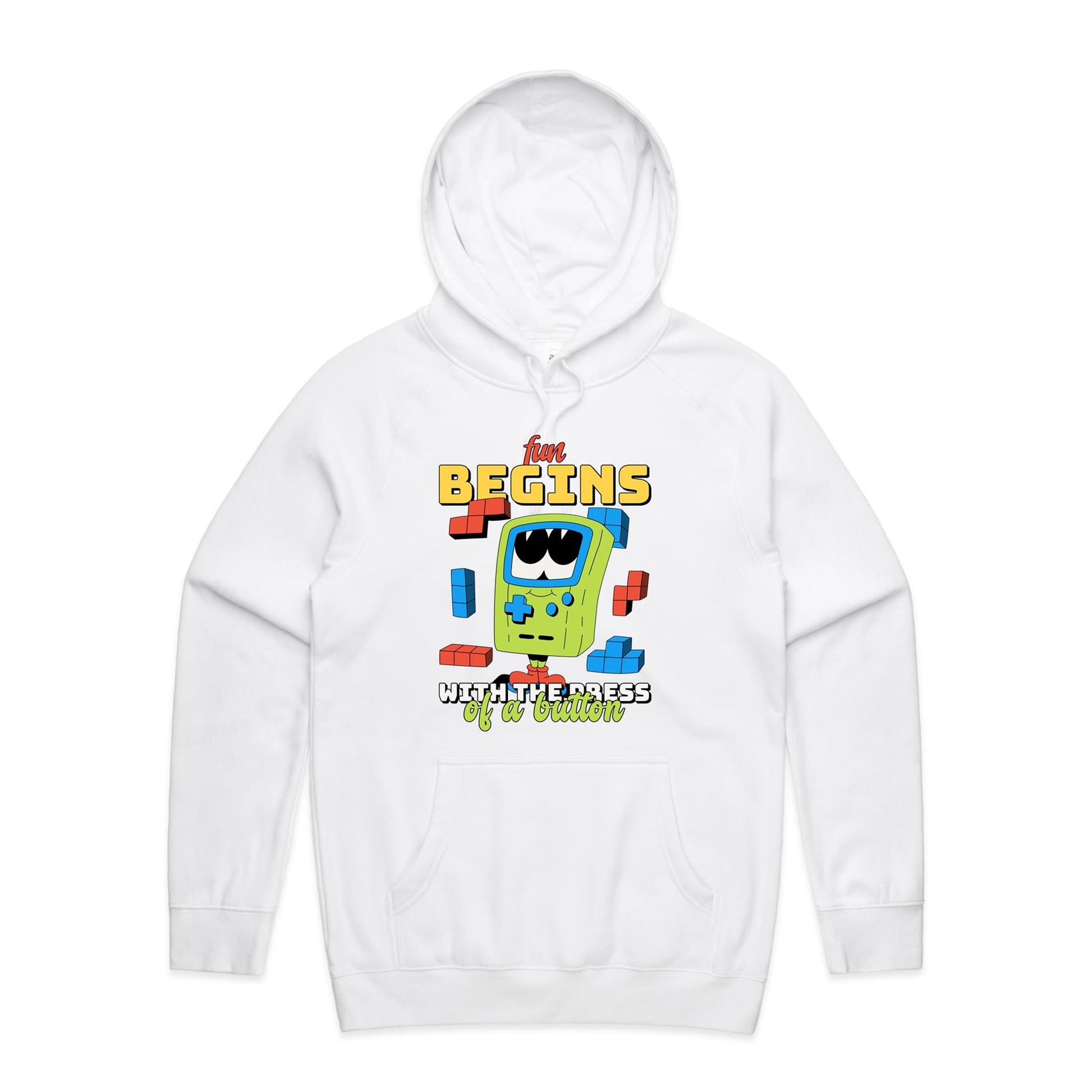 Fun Begins With The Press Of A Button - Supply Hood White Mens Supply Hoodie Games