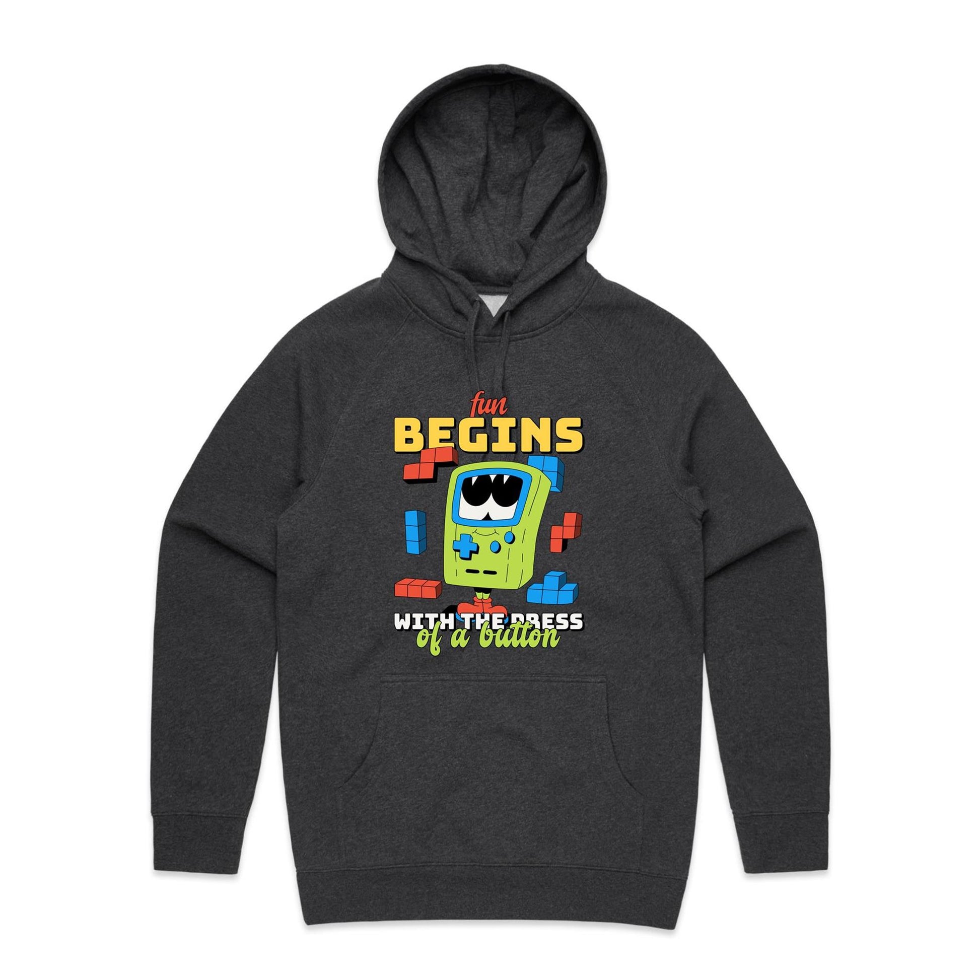 Fun Begins With The Press Of A Button - Supply Hood Asphalt Marle Mens Supply Hoodie Games