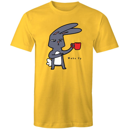 Wake Up, Coffee Rabbit - Mens T-Shirt Yellow Mens T-shirt animal Coffee