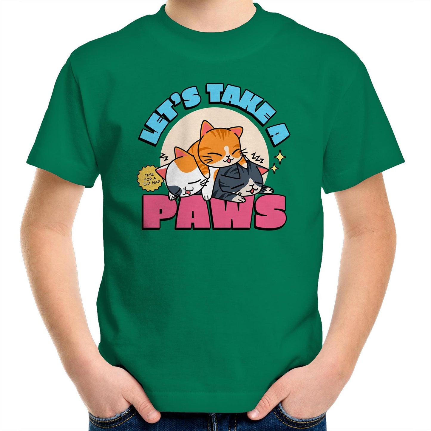 Let's Take A Pause, Time For A Cat Nap - Kids Youth T-Shirt Kelly Green Kids Youth T-shirt animal