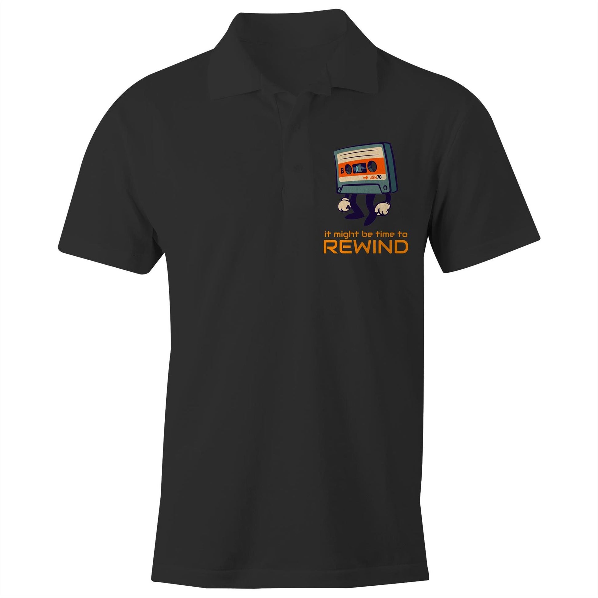 Cassette Tape, It Might Be Time To Rewind - Chad S/S Polo Shirt, Printed Black Polo Shirt Music Retro