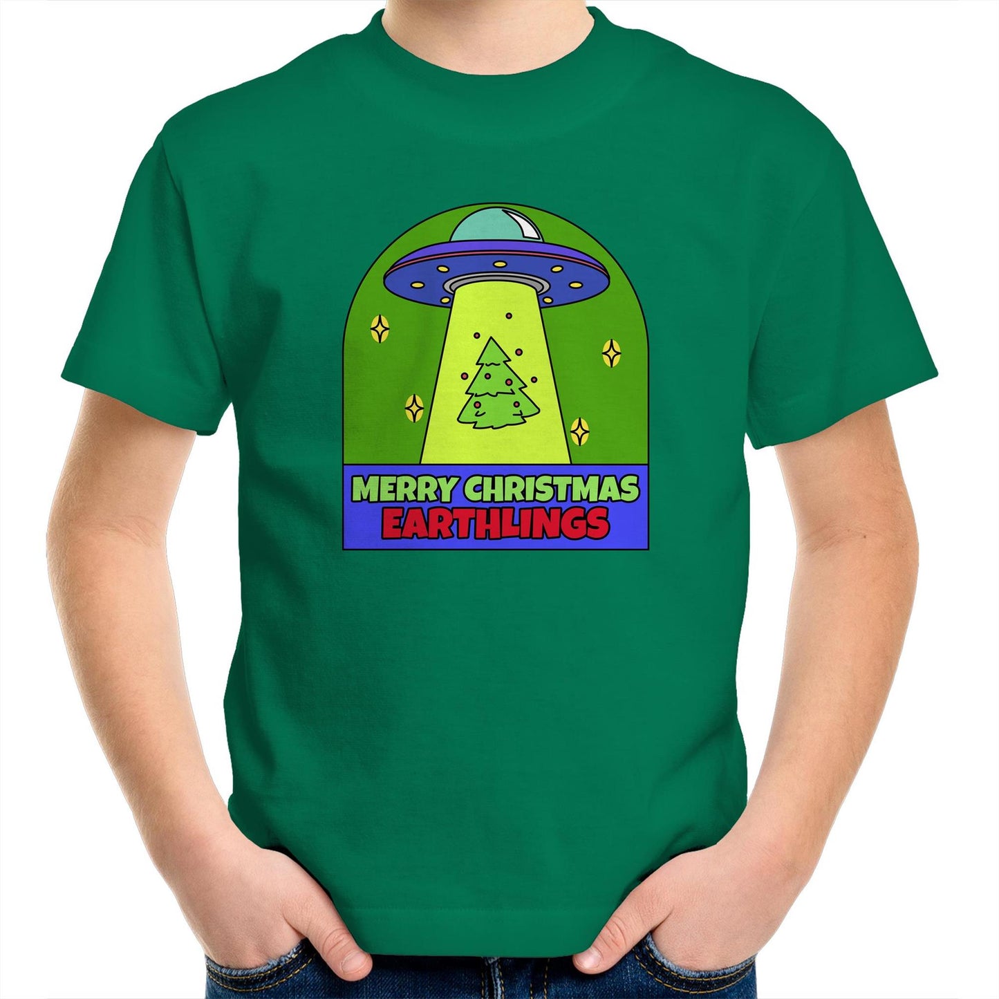 Merry Christmas Earthlings, UFO - Kids Youth T-Shirt Kelly Green Christmas Kids T-shirt Merry Christmas