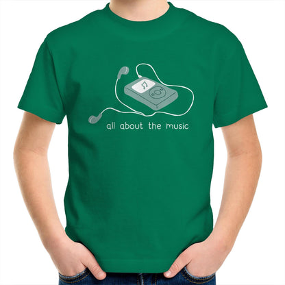 All About The Music, Music Player - Kids Youth T-Shirt Kelly Green Kids Youth T-shirt music retro tech